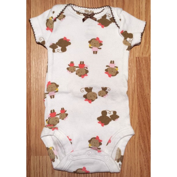 Girl's Size NB Newborn Two Piece Carter's White/ Brown Monkey Top & Pink Pants - Picture 3 of 5